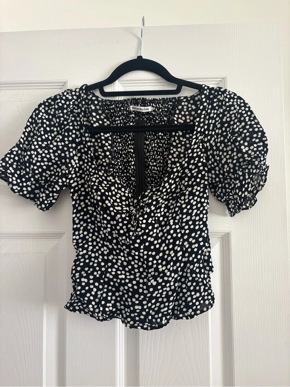 ReformationBlack and White Dot Sweetheart Neck Puff Sleeve Top
